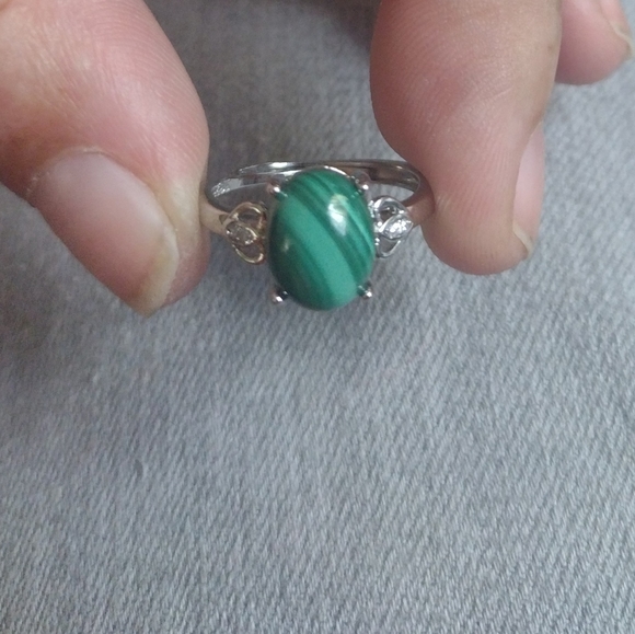 Natural 10mm Malachite Cabochon & 925-Silver Ring (s7) - Picture 12 of 13